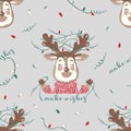 Vector seamless new year christmas pattern. Cute deer in a sweater and the inscription make wishes.